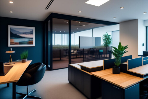 conference room with desk wall windows that says office